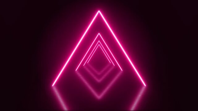 Glowing pink neon triangle tunnel background. Abstract magenta triangular light portal loop. Futuristic pink neon frame line backdrop.