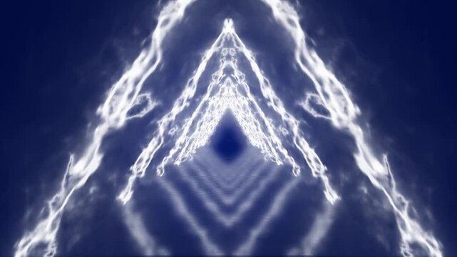 Glowing blue energy triangle portal background. Abstract blue neon triangular smoke light tunnel loop. Futuristic electric triangle plasma line backdrop.