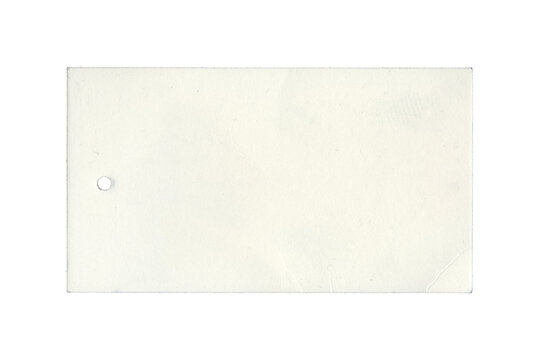 white rectangular tag with small round hole near the left side