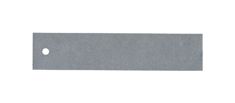 Gray narrow rectangular tag with small round hole near the left end
