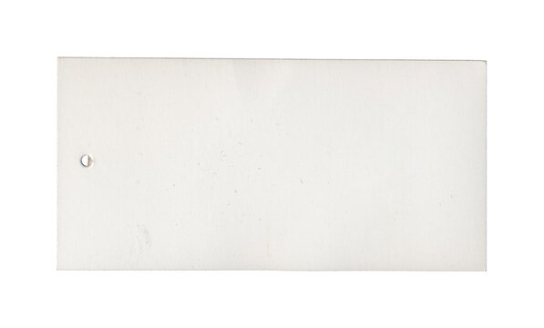 white rectangular tag with small round hole and faint marks