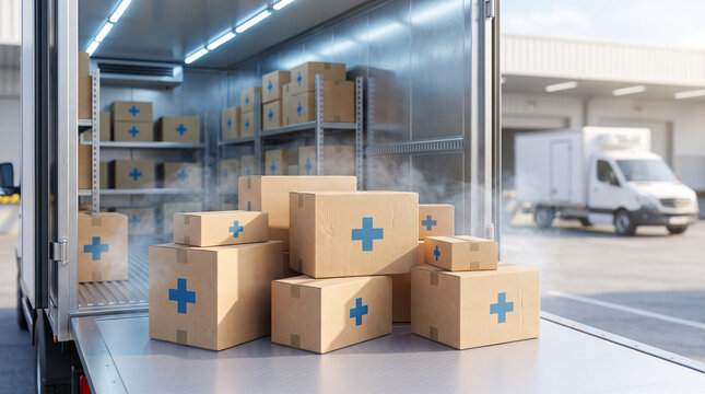 Medical Cold Chain Logistics with Pharmaceutical Boxes in Refrigerated Delivery Truck
