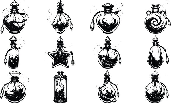 Set of magic potion bottles with mystical liquid ink illustration