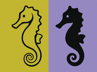 Two creative seahorse icons represented in outline and solid silhouette styles © MDRAHMAT