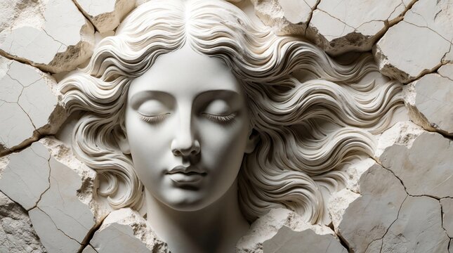 White plaster relief sculpture shows beautiful woman face with wavy hair. Classical art piece emerges from cracked stone wall. Elegant female goddess portrait features closed eyes, smooth skin