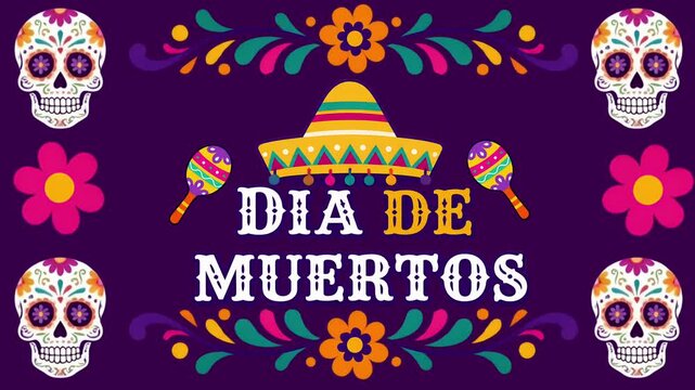Dia de Muertos Mexican Celebration Animation with Sugar Skull, Sombrero and Colorful Flowers | Day of the Dead Motion Graphic 4k video