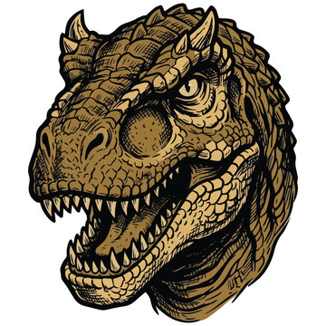 Detailed Illustration of a Prehistoric Tyrannosaurus Rex Dinosaur Head with Golden Scales and Sharp Teeth