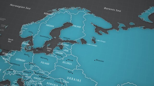 Animated political map showing the location of Finland in Northern Europe. The camera gradually approaches the country, bringing Helsinki, neighboring states, national borders, the Baltic region, and 