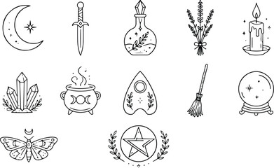 Fototapeta premium Witchcraft and magic icon set with mystical occult symbols