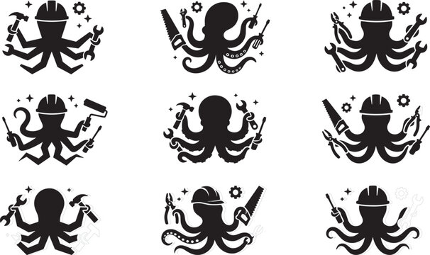 Octopus handyman silhouette vector icon set featuring multitasking aquatic creatures holding construction tools and wearing helmets
