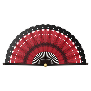 Spanish flamenco hand fan in red and black with lace border, open, isolated on transparent background