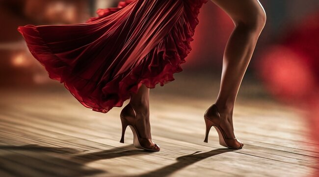 Close up legs professional dancer, woman performing traditional dance with high heels, red silk skirt flowing across wooden floor  under warm dramatic spotlighting during a passionate evening