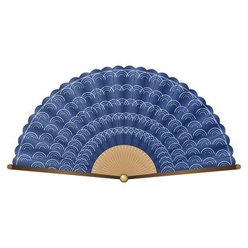 Japanese folding fan with indigo blue wave pattern and bamboo ribs, isolated on transparent background