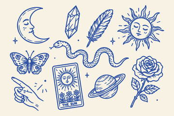 Obraz premium Mystical Boho Elements Hand Drawn Doodle Set Vector Illustration