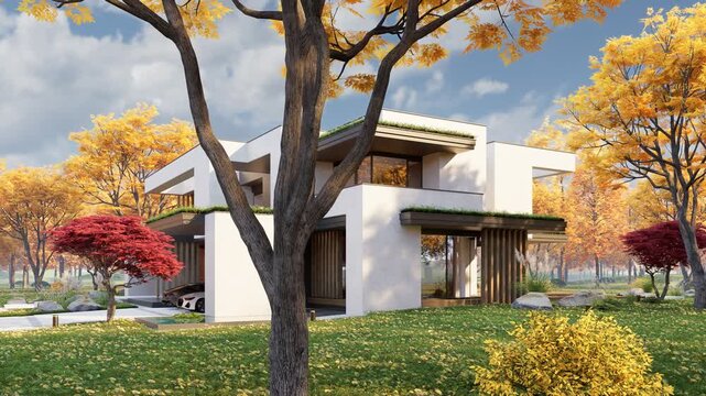 3D architectural rendering and camera movement of a contemporary cubic villa exterior during fall season. Minimalist residential architecture with large glass windows colorful foliage under bright day