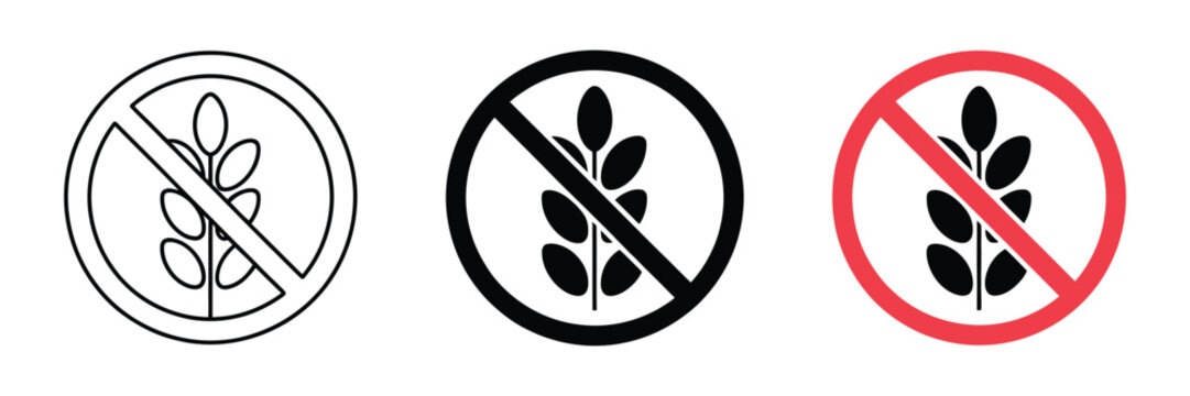 Gluten Free Wheat Prohibited Icon Set, No Gluten And No Wheat Symbols, Grain Restrictions For Food Packaging, Healthy Nutrition, Allergy Labeling And Restaurants.