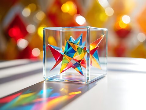 Colorful geometric paper star polyhedron inside a clear glass cube with warm bokeh lights