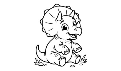 Cute baby triceratops dinosaur sitting in grass smiling, black and white line art coloring page vector illustration for kids © Abddulah