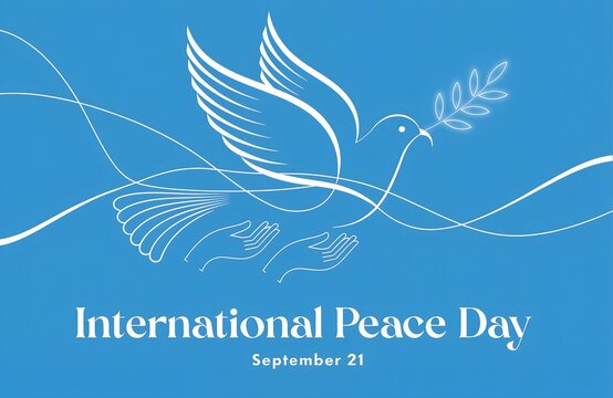 International Day of Peace dove with olive branch illustration on bright blue background symbolizing harmony, unity, hope, and global celebration of peace together generated ai