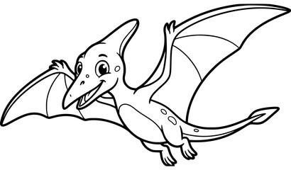 Smiling pterodactyl dinosaur flying with spotted belly, black and white line art coloring page vector illustration for kids © Abddulah