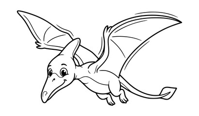 Cartoon pterodactyl dinosaur flying with wings spread, black and white line art coloring page vector illustration for kids © Abddulah