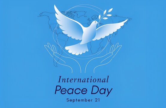 International Day of Peace dove with olive branch illustration on bright blue background symbolizing harmony, unity, hope, and global celebration of peace together generated ai