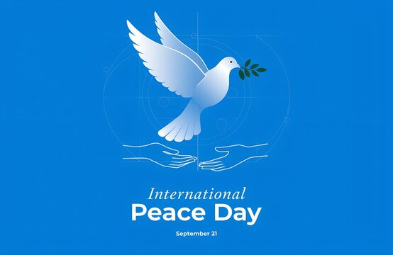 International Day of Peace dove with olive branch illustration on bright blue background symbolizing harmony, unity, hope, and global celebration of peace together generated ai