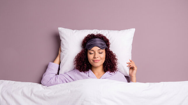 Peaceful Woman Sleeping in Bed with Sleep Mask, Relaxation, Rest and Healthy Sleep Lifestyle 
