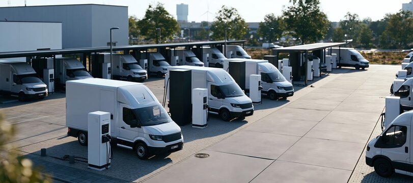 Electric delivery vans charging and staging in urban modular fleet yard high angle