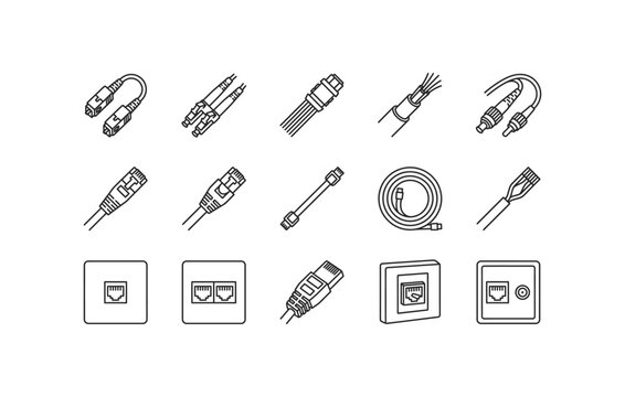 Network cable line icon set fiber optic and ethernet cable vectors for telecom design