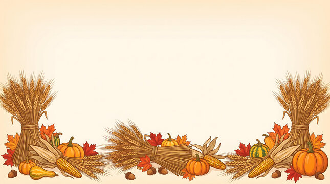 Autumn harvest border with wheat sheaves pumpkins corn and colorful maple leaves