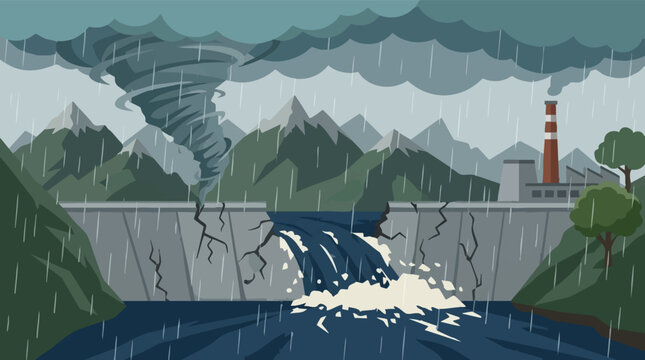 Dam breaking under severe storm with tornado and industrial emissions