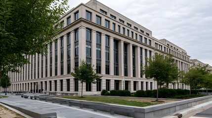 Fototapeta premium Modern institutional building with stone facade tall and landscaped grounds under overcast sky