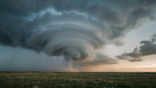 A powerful supercell thunderstorm with a rotating wall cloud and a funnel cloud hanging over a vast grassy prairie under a dark stormy sky