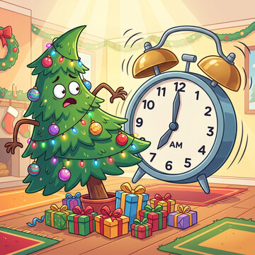 Cartoon christmas tree hitting alarm clock