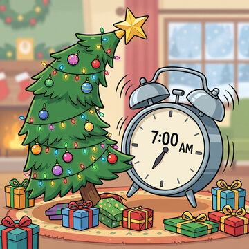 Christmas tree with alarm clock at 7 am