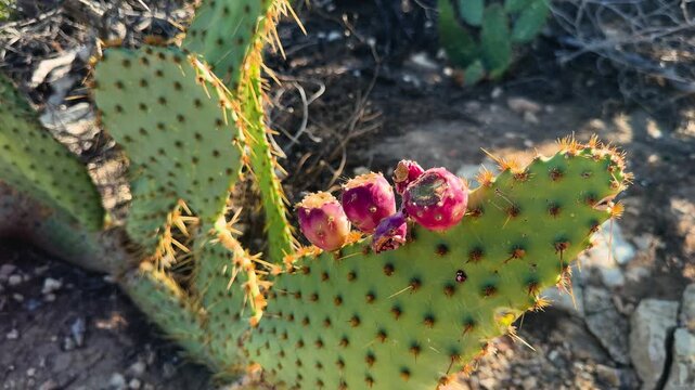 Close up of prickly pear fruits growing on an Opuntia cactus in nature. . High quality 4k footage