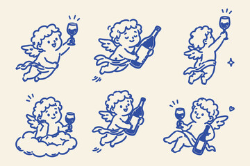 Fototapeta premium Hand Drawn Cherub Angels with Wine Doodle Set Vector Illustration