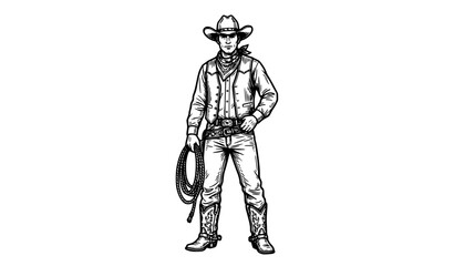 Fototapeta premium Black and white cowboy with lasso Western vector line art illustration