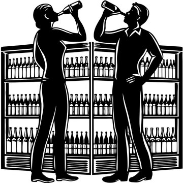 Two Drunk Men Drinking Bottles Alcoholism Silhouette Vector - Party Drunkenness Concept Icon