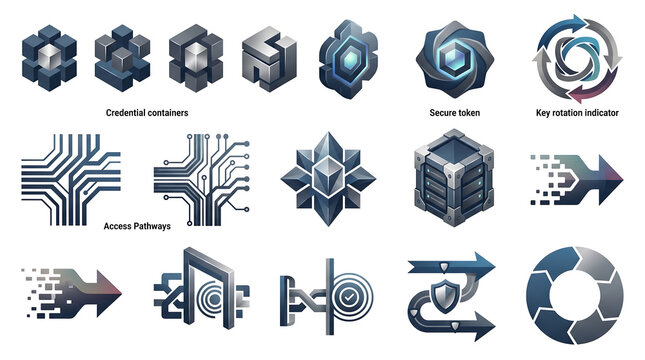 Set of abstract technological icons representing security, connectivity, and data flow