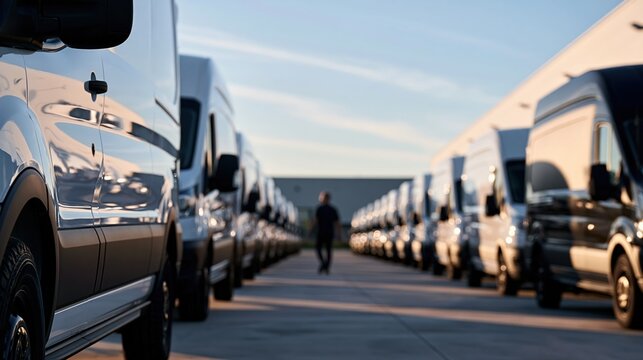Logistics coordinator walking between rows of commercial vans in fleet parking lot