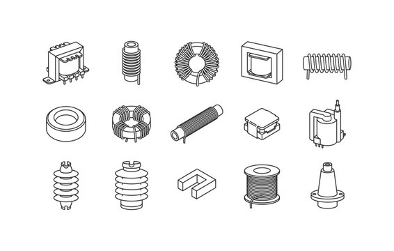 Electrical Inductor and Transformer Line Icon Set Toroidal Coil Vectors for Engineering Schematic