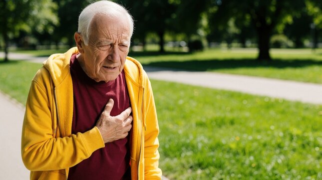 Senior man suffers chest pain after jogging in green park. Elderly male holds heart feeling heartache, shortness of breath. Mature retired athlete experiences cardiac attack blood pressure problem