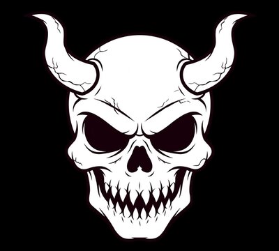 White devil skull with curved horns in the middle of deep black background