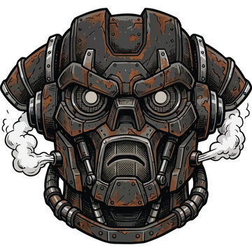 Grungy rusty mechanical robot head vector illustration with emitting steam pipes