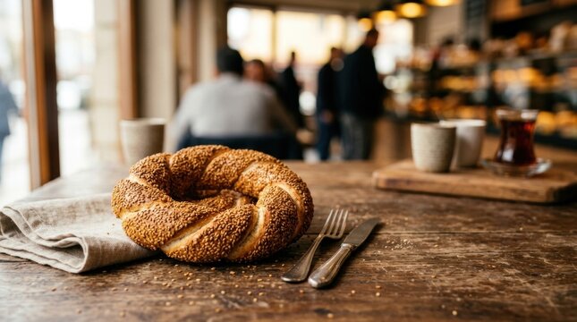 Authentic turkish sesame simit bread on rustic wooden table with silver cutlery linen napkin and blurred coffee shop background.