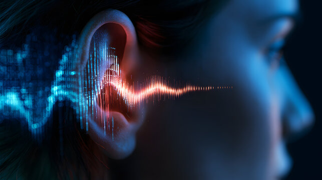 A glowing sound wave digital interface visualizes data entering a human ear. This represents advanced medical technology or audio communication concepts