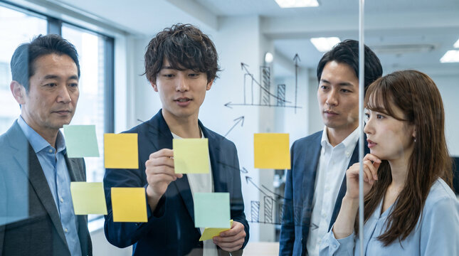 企画会議する企業のチームとブレインストーミングの様子