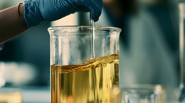 a woman's hand in a blue nitrile glove stirring with a glass rod in a large 4-liter graduated glass beaker, visibly wider than the hand above it, filled nearly to the top with pale gold oil
